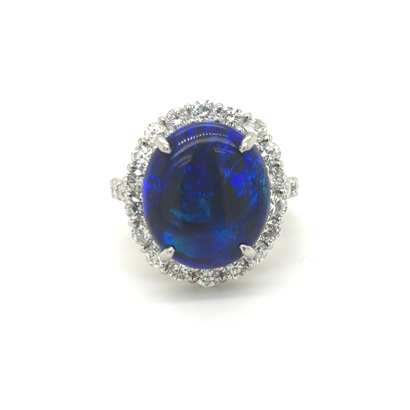 Platinum Blue Opal with Diamond Halo Ring