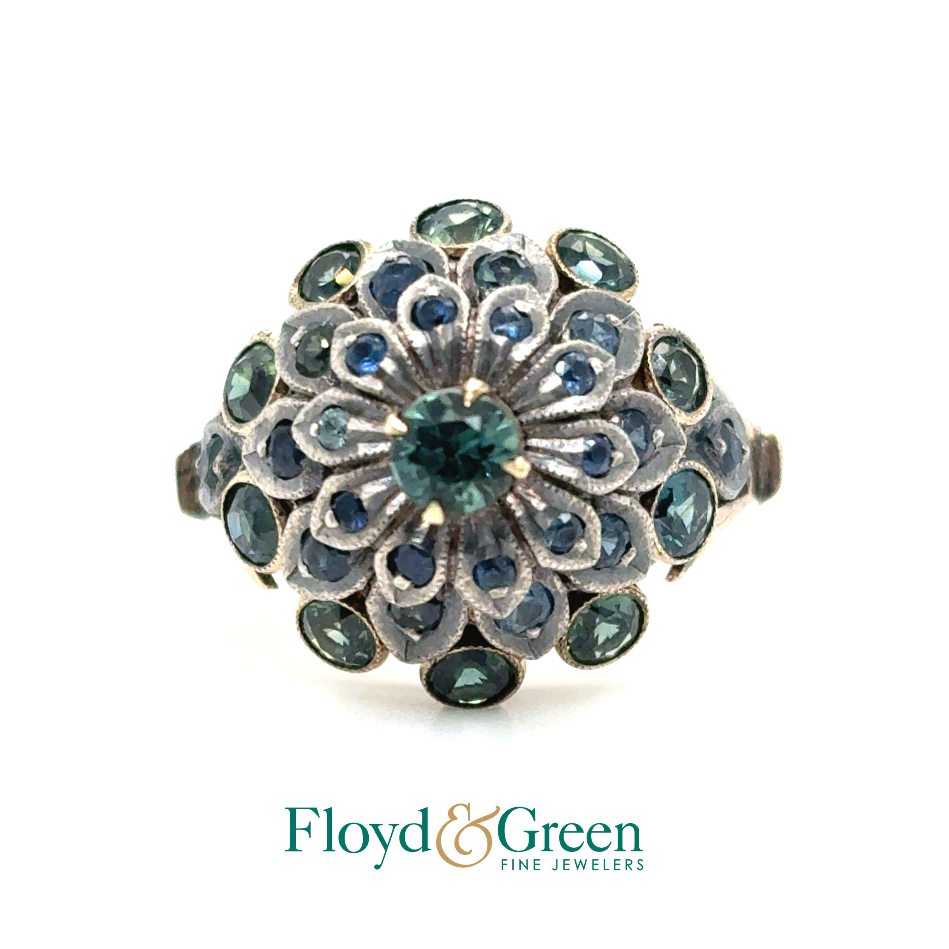 10K Two-Tone Sapphire Dome Ring, 1 Strong Green, 0.28ct, 11 Strong Blue, 0.50ct, 11 Strong Green, 0.99ct, Size 6.25