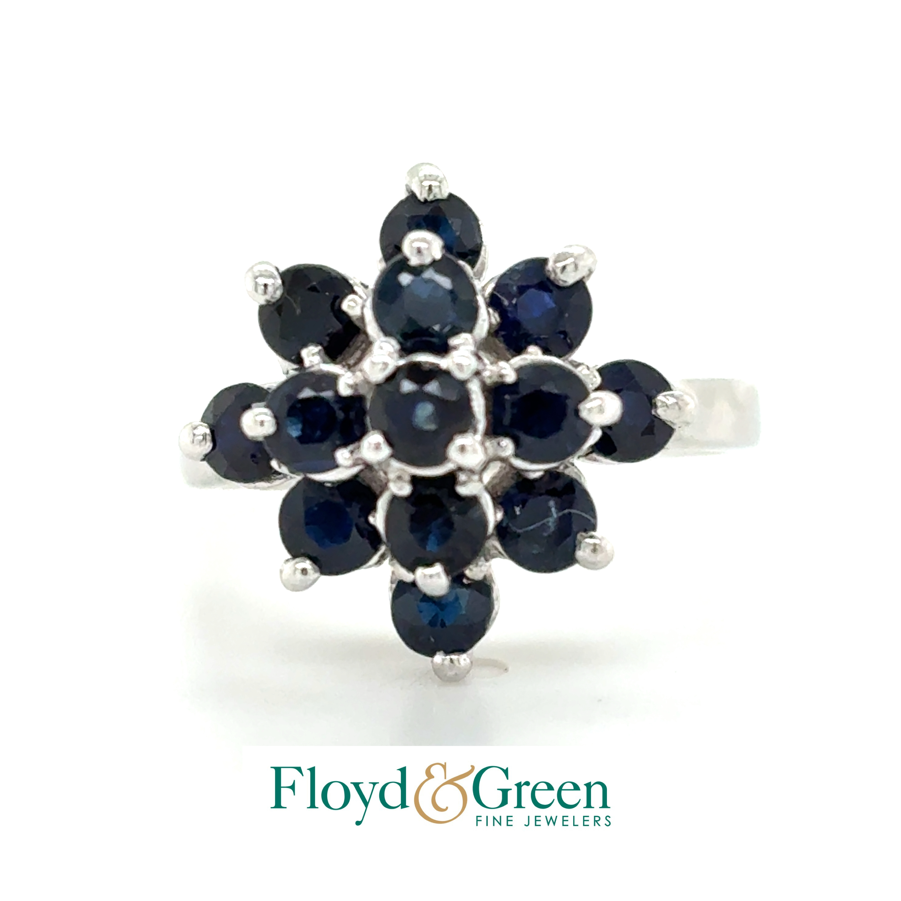 14KW Sapphire Cluster Ring, 13 Round, 2.18ct, Dark Blue, Size 6.75