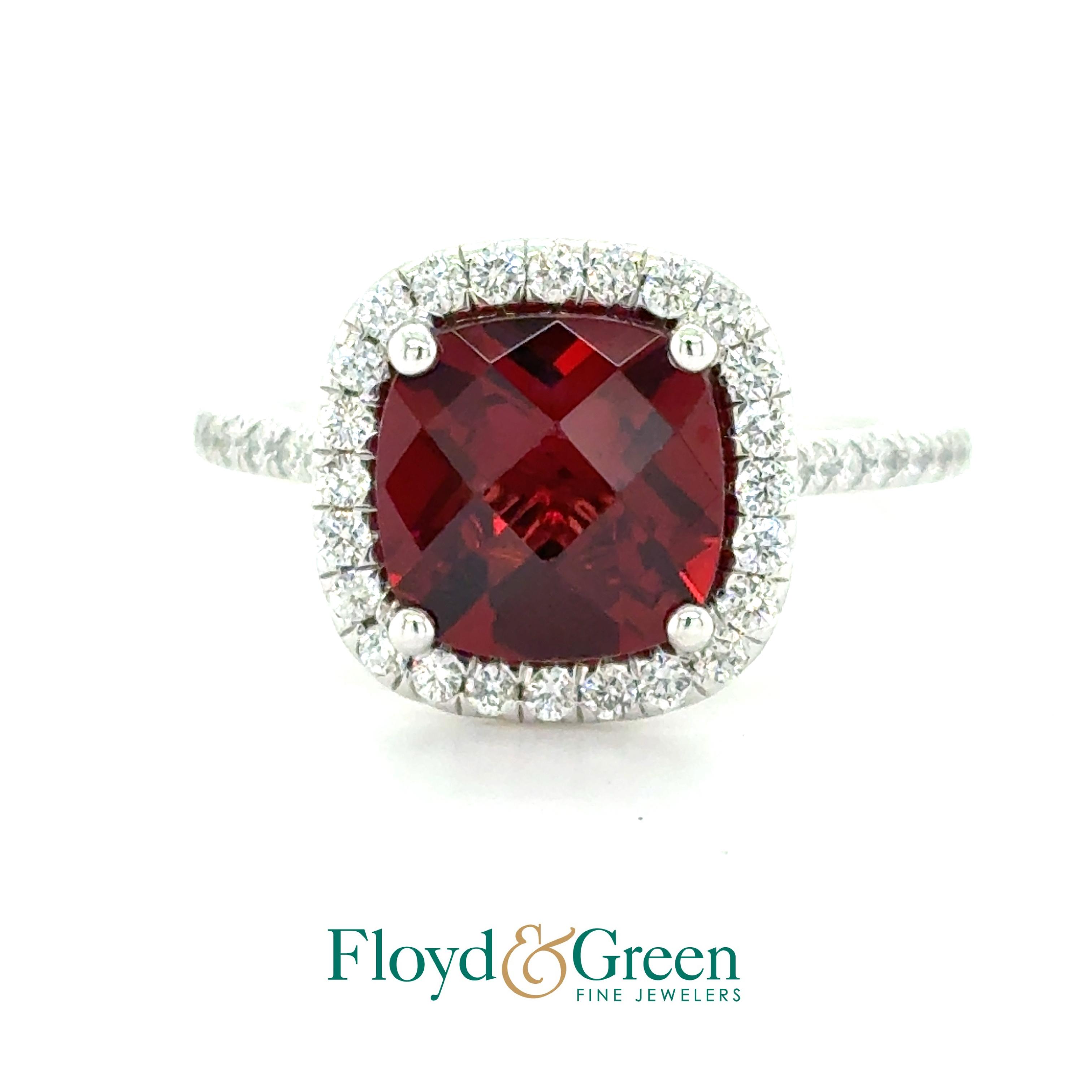 14KW Diamond & Garnet Ring, 46 Round Diamonds, 0.33ct, H-I I1, 1 Cushion Garnet, 2.23ct, Size 6.5  Martin Flyer