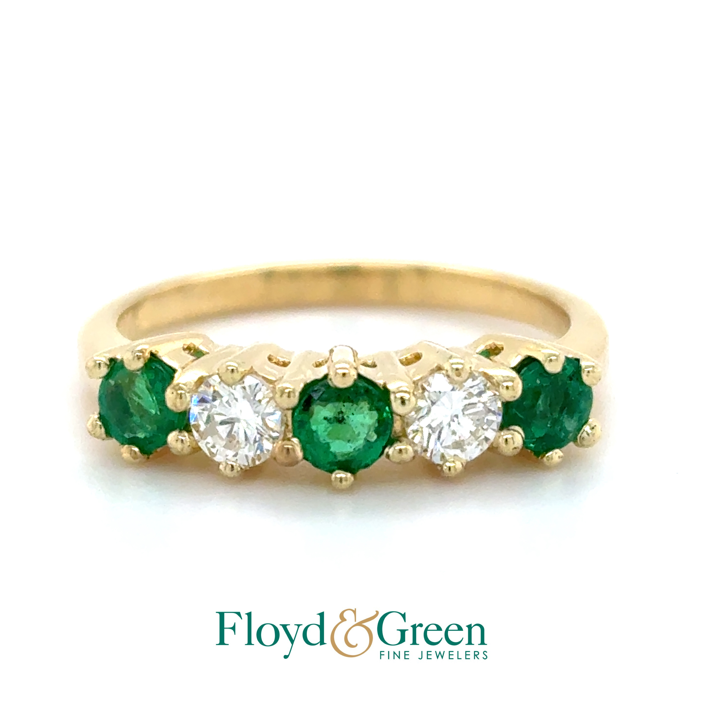 18KY Diamond & Emerald Ring, 2 Rd Dia, 0.32ct, H VS2, 3 Rd Emer, 0.45ct, Strong Green, Size 5.75