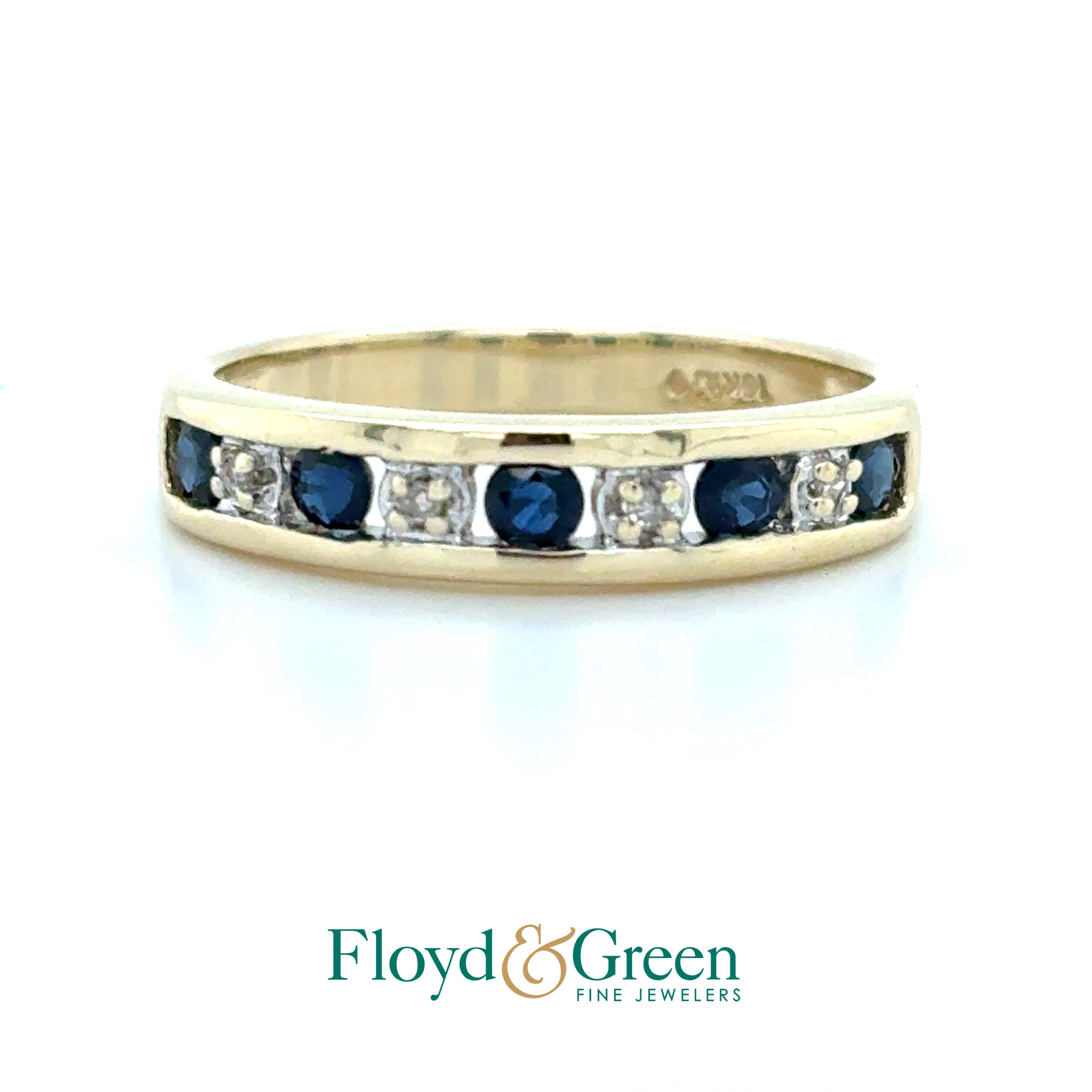 10K Two-Tone Diamond & Sapphire Band, Size 6.5, 4 Rd Diamonds, 0.02ct, H SI1-SI2, 5 Rd Sapphires, 0.36ct, Strong Blue