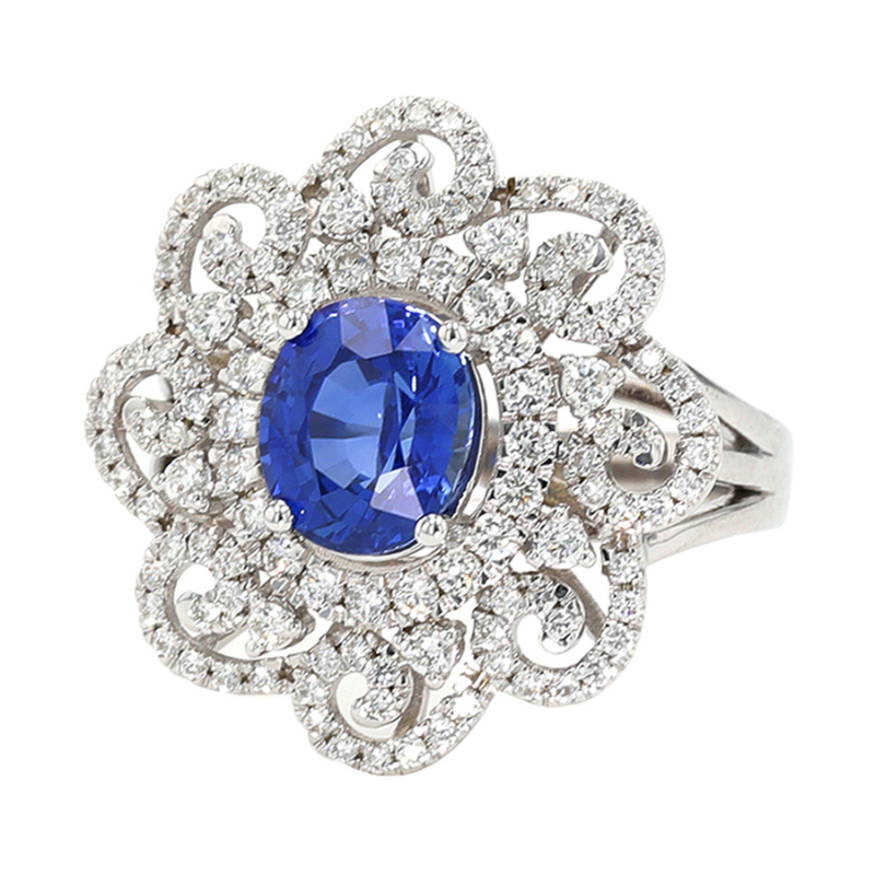 14KW Oval Sapphire 2.62ct w/ Wave Dia Halo .83ctw H-I SI Ring Size 6.5