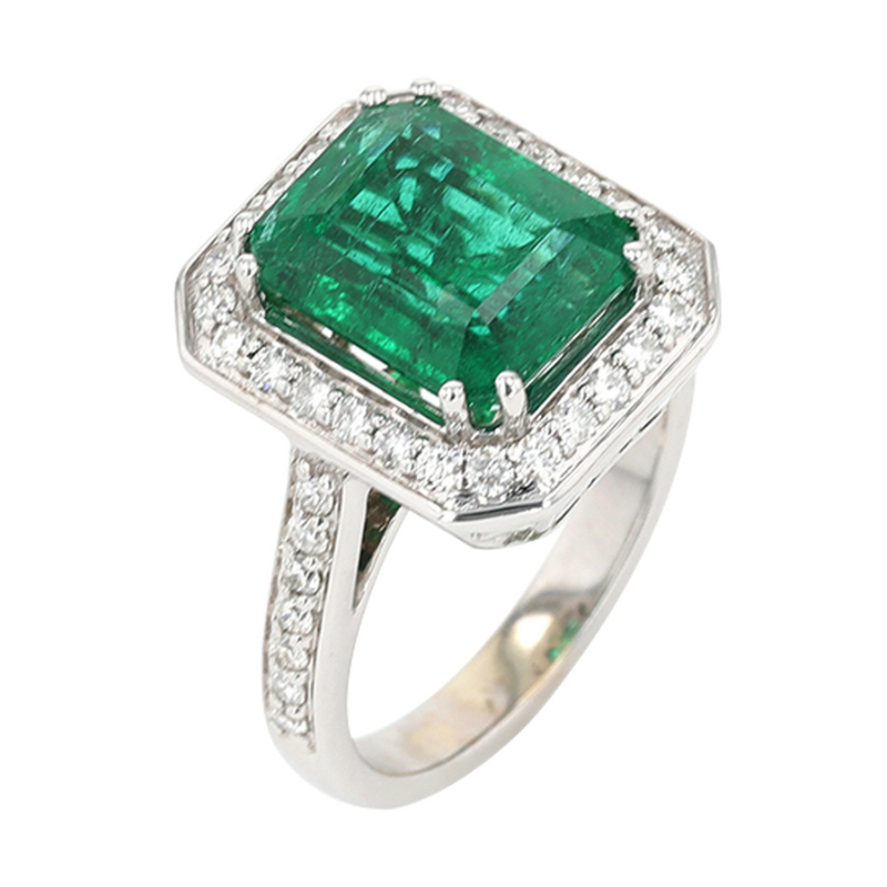 14KW Emerald 4.94ct w/ Dia Halo .50ctw H-I SI Ring Size 6.5