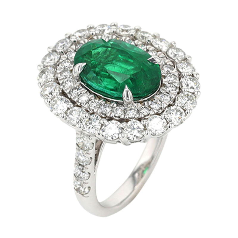 14KW Oval Emerald 4.50ct w/ Double Dia Halo 2.20ctw H-I I1 Ring Size 6.5
