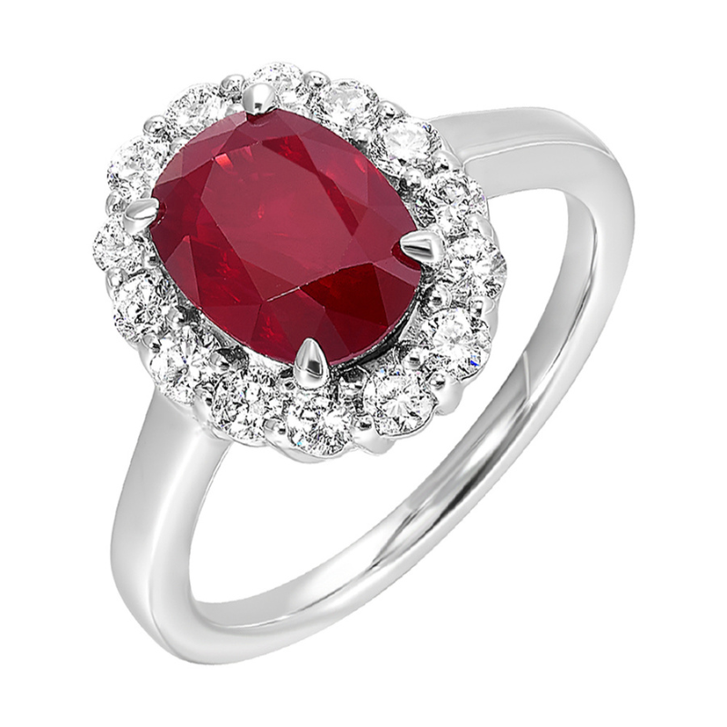 14KW Oval Ruby 2.99ct w/ Dia Halo .62ctw H-I SI Ring Size 7