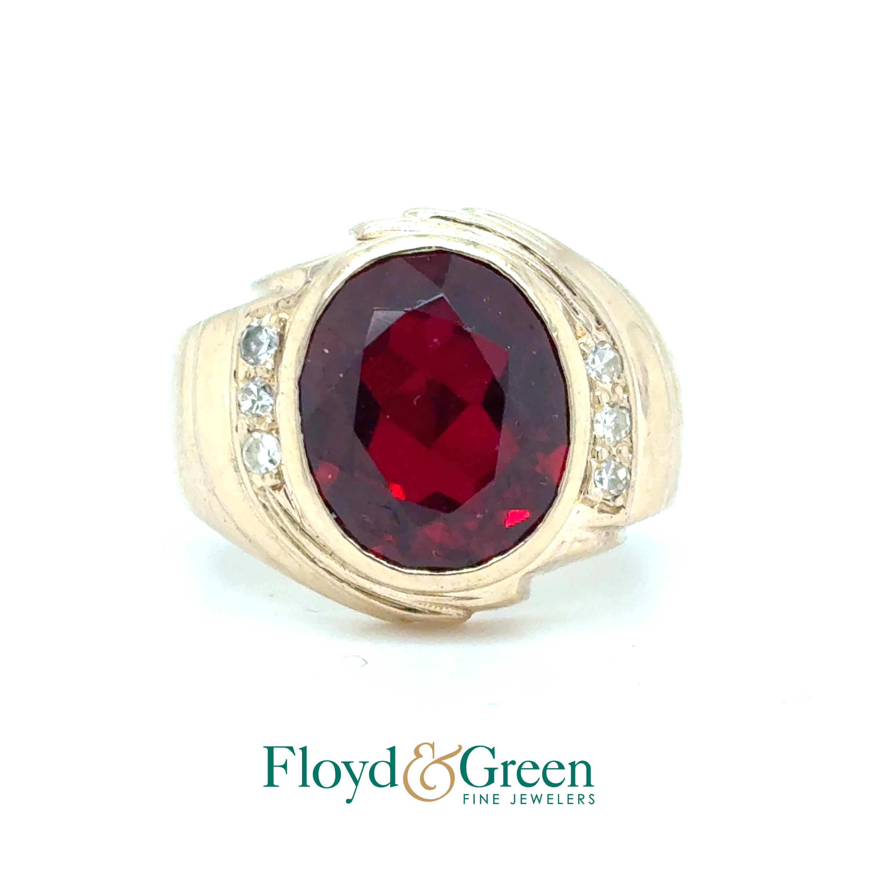 14KY Diamond & Synthetic Ruby Ring, 6 Single-cut Dia, 0.10ct, H VS2, 1 Oval Synthetic Ruby, 5.59ct, Size 7.5