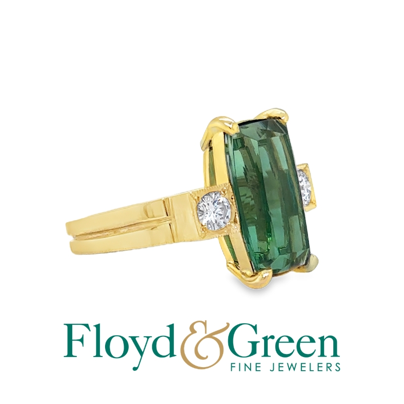 3 Stone Green Tourmaline & Diamond Ring
