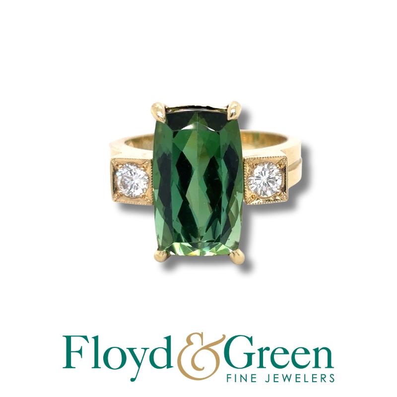 3 Stone Green Tourmaline & Diamond Ring