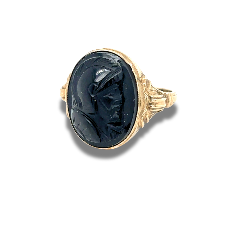 ESTATE - 10KY Victorian Carved Intaglio Conquistador Ring Size 7
Circa 1890s