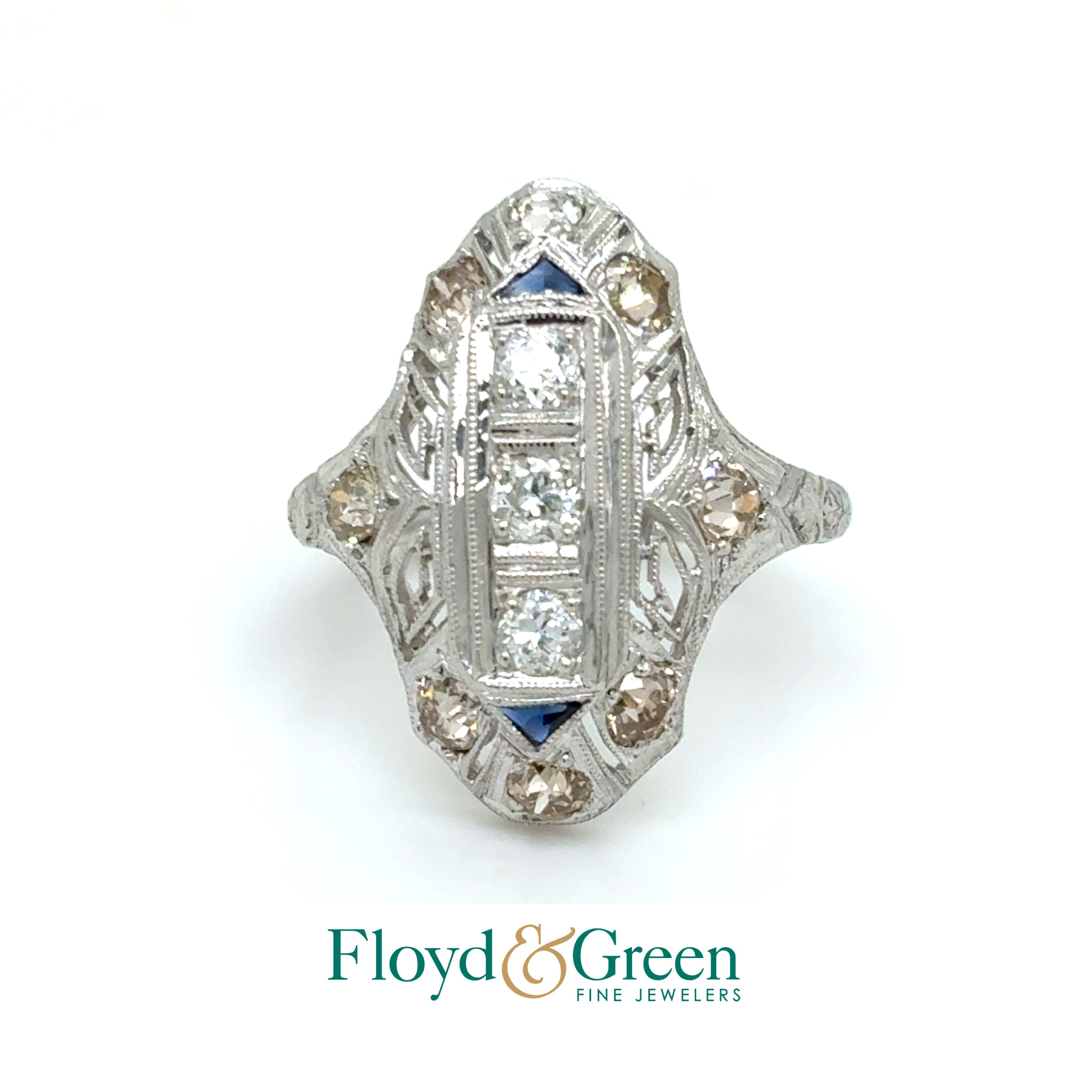 Platinum Art Deco Diamond & Sapphire Ring, 5 European Diamonds, 0.63ct, I VS2-SI1, 2 Labgrown Sapphires, 0.15ct, Size 5