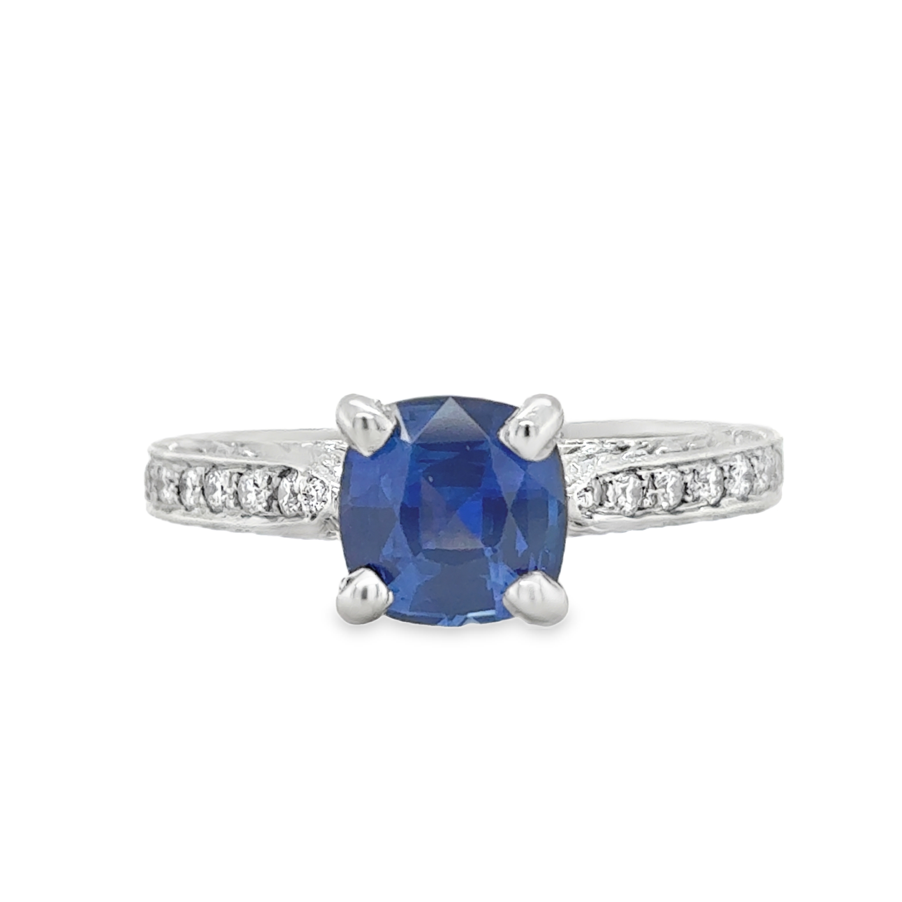 18KW 1.42ct Cushion Sapphire w/ Dia Approx .23ctw Ring Size 6