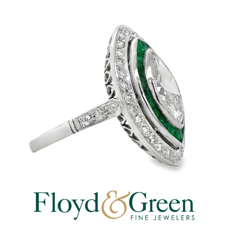 Marquise Diamond & Emerald Double Halo Ring