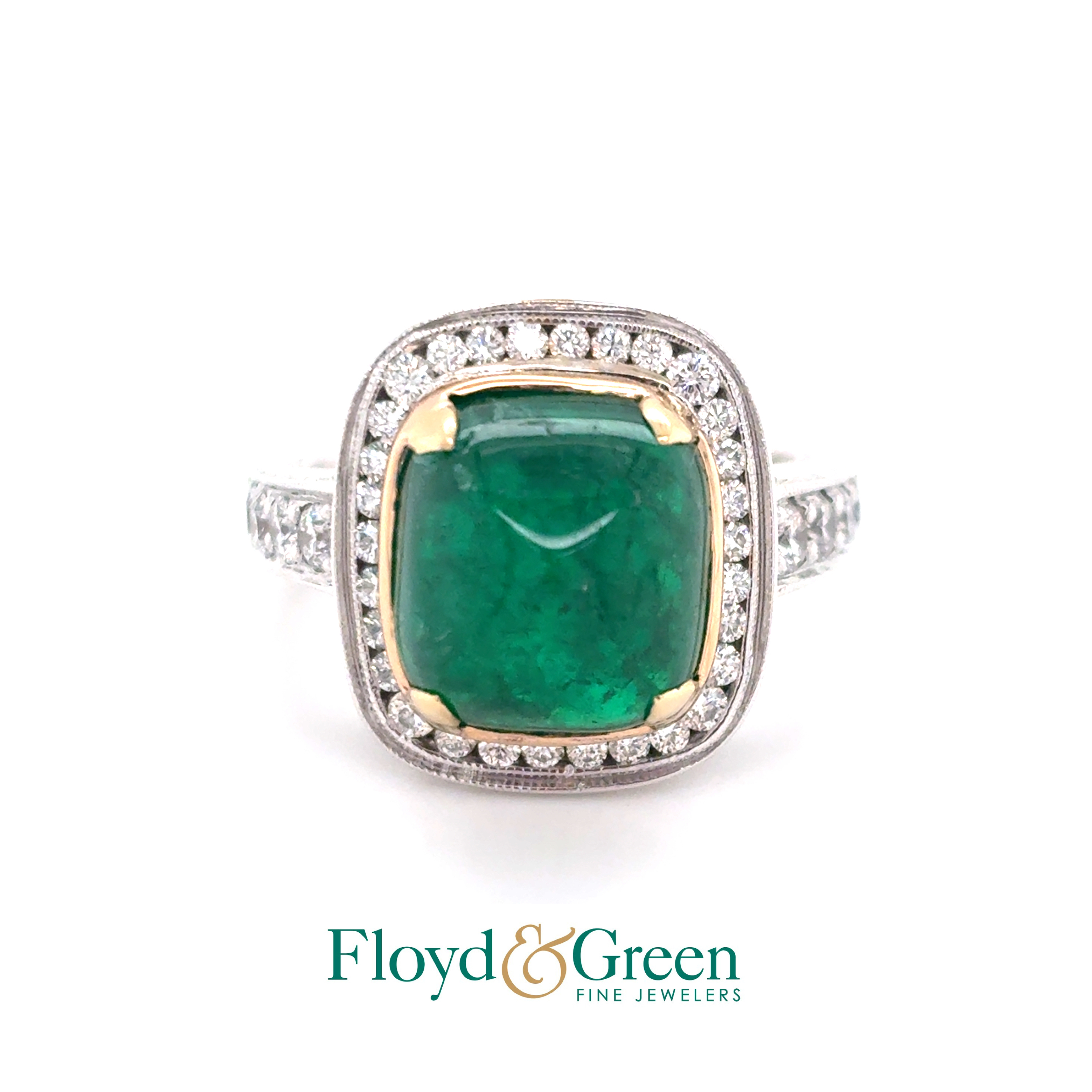 18K Two-Tone Diamond & Emerald Ring, Size 9, Rect Emerald, 7.38ct, 38 Rd Diamonds, 0.84ct, G-H VS1-VS2