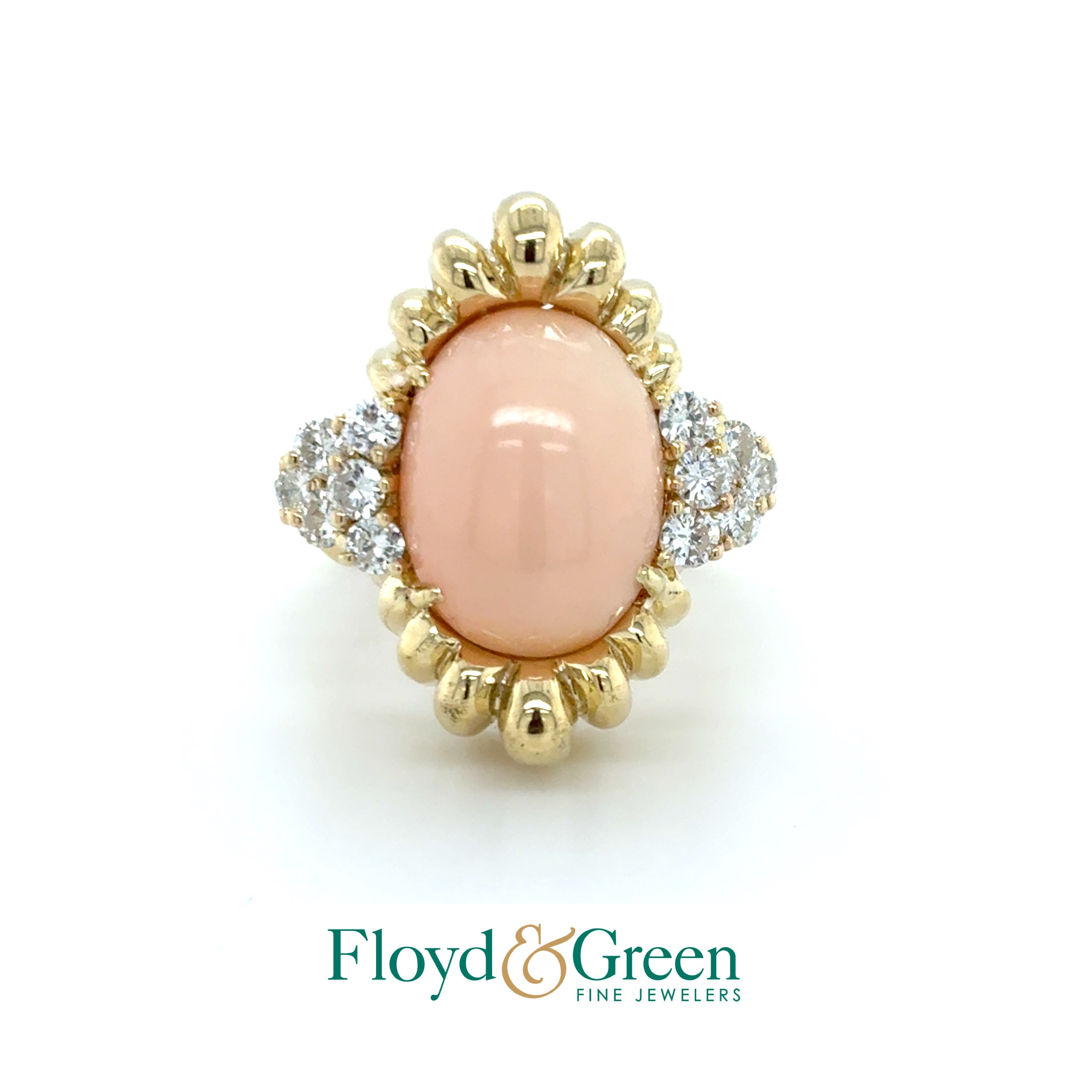 14KY Diamond & Coral Ring, 12 Round Diamonds, 0.96ct, H VS1, 1 Oval Angel Skin Coral, 8.56ct, Size 7.25