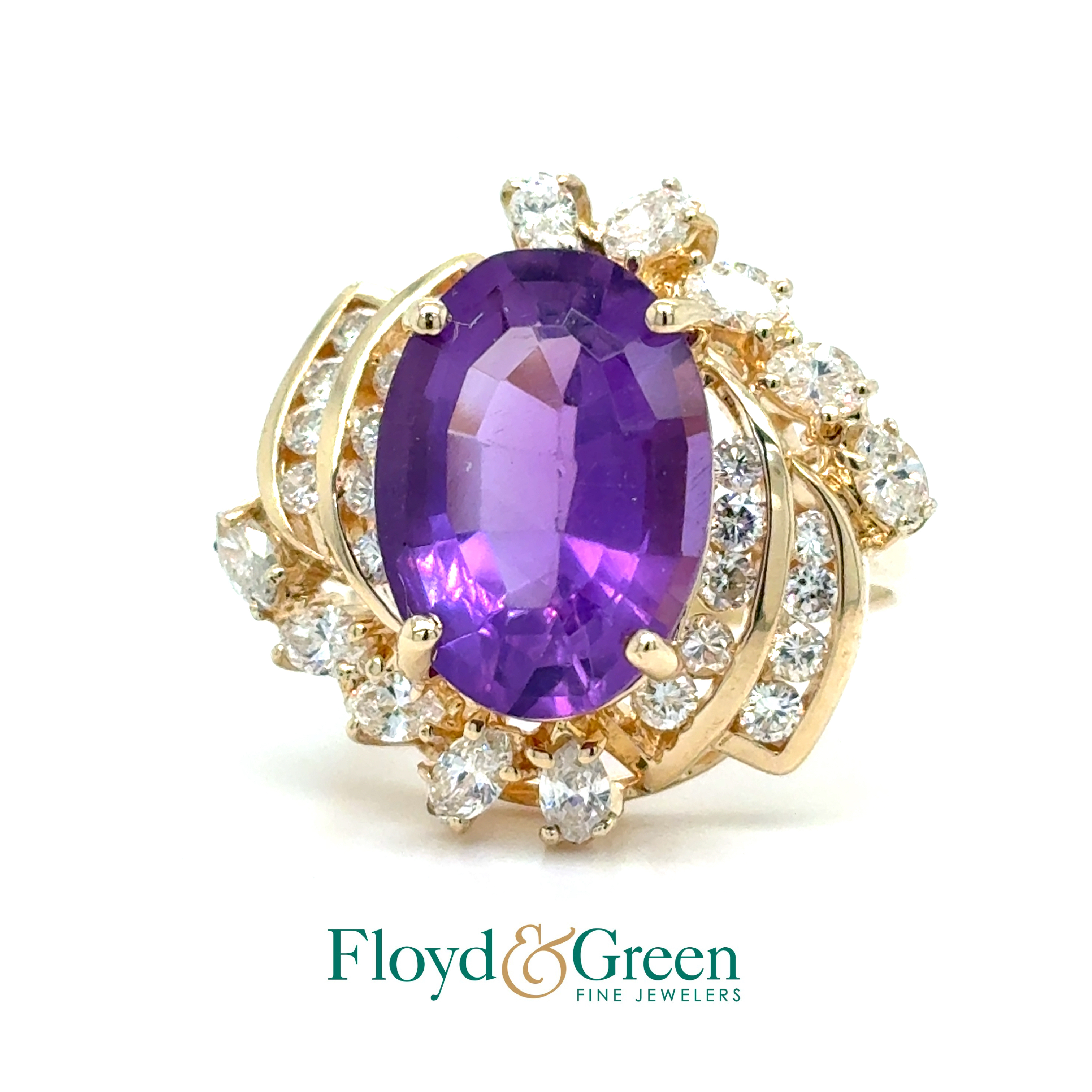 14KY Amethyst & Diamond Ring, 10 Marq Dia, 0.44ct, 18 Rd Dia, 0.43ct, J SI1-SI2, Oval Amethyst, 5.39ct, Size 8