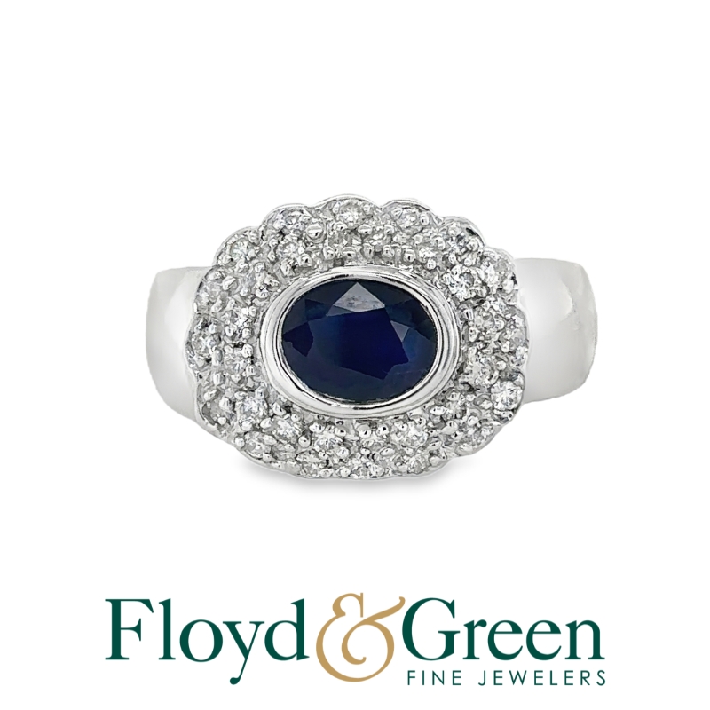 14KW Sapphire and Diamond Ring, 1 Oval Sapphire, 1.33ct, 32 Rd Dia, 0.86ct, G-H SI2-I1, Size 8.75