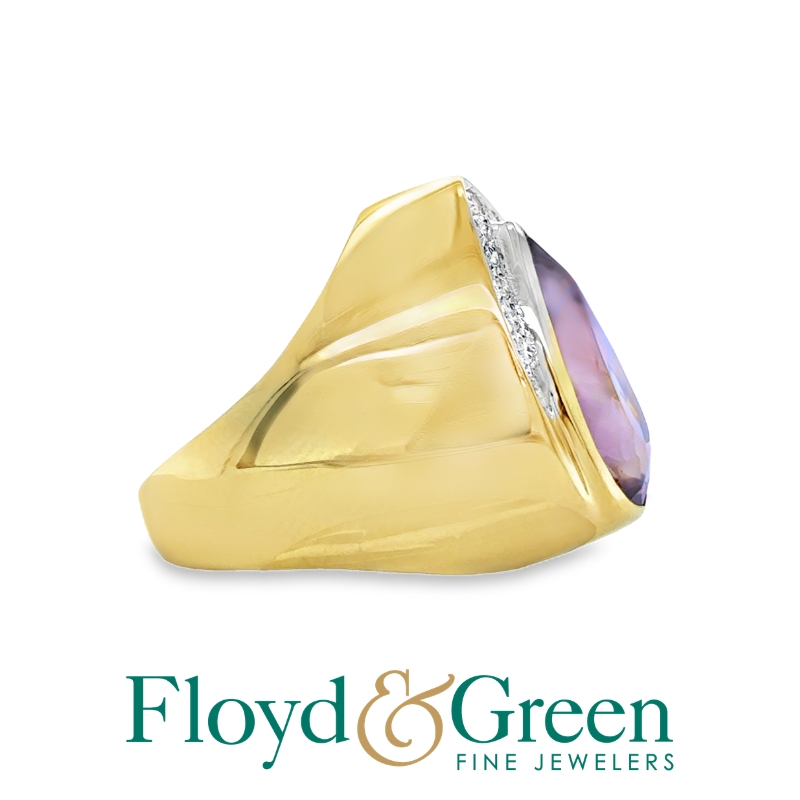 14K Two-tone Amethyst & Diamond Ring, Pear-shaped Amethyst, 8.29ct, 13 Rd Diamonds, 0.38ct, G SI1, Sizze 7