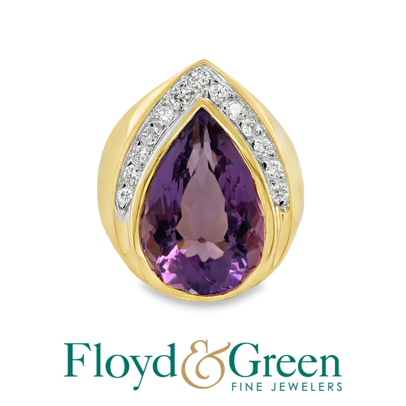 14K Two-tone Amethyst & Diamond Ring, Pear-shaped Amethyst, 8.29ct, 13 Rd Diamonds, 0.38ct, G SI1, Sizze 7