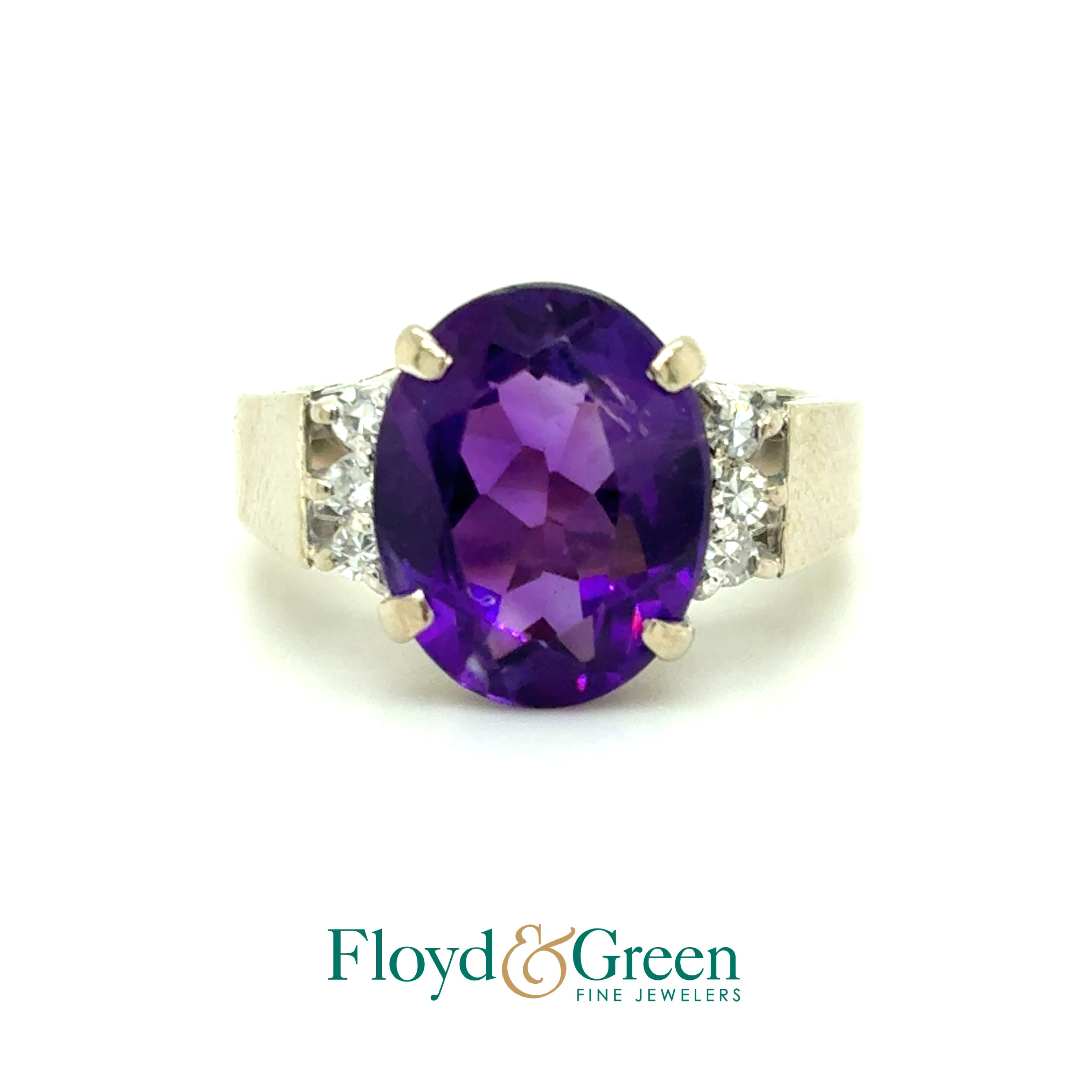 14KW Diamond & Amethyst Ring, 6 Single-cut Diamonds, 0.18ct, H VS1, 1 Oval Amethyst, 4.29ct, Size 6.5