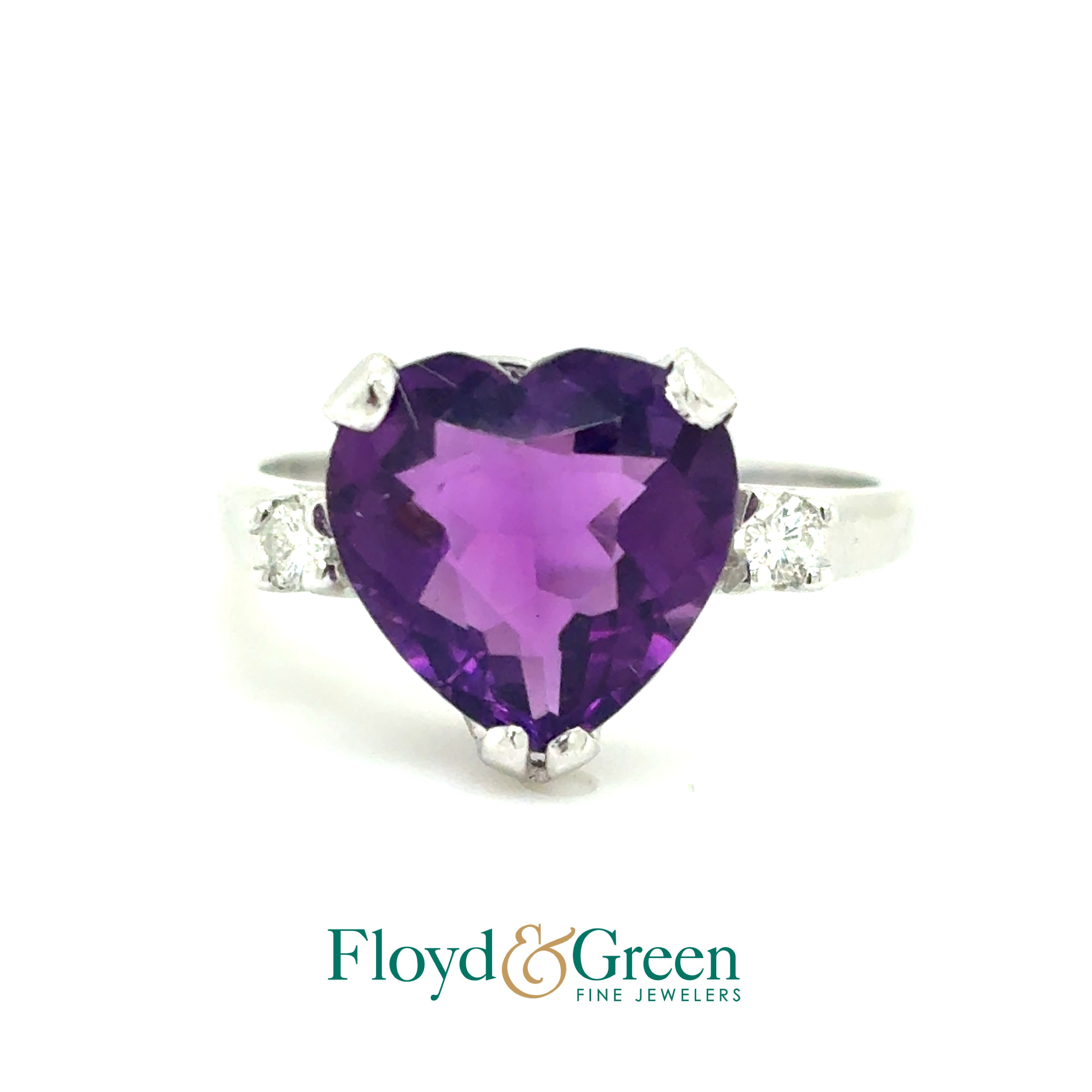 14KW Diamond & Amethyst Ring, 2 Rd Diamonds, 0.09ct, G VS1, Heart-shaped Amethyst, 3.02ct, Size 6.25