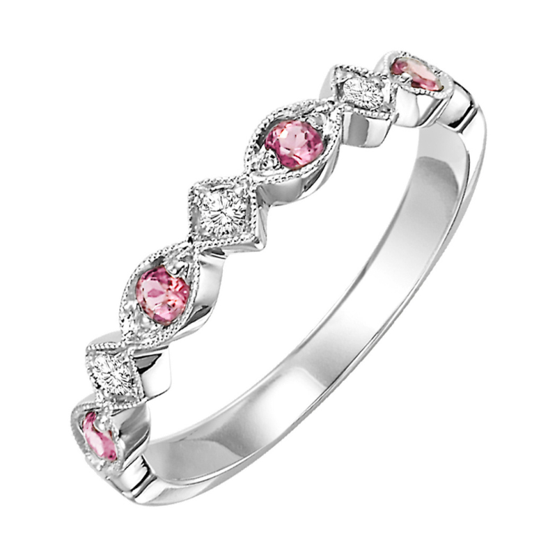 10KW Pink Tourmaline Birthstone Stackable Ring with Dia .05ctw - Size 7