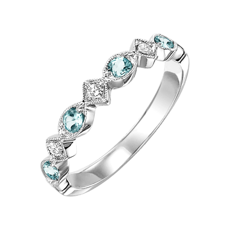 10KW Aquamarine Birthstone Stackable Ring with Dia .05ctw - Size 7