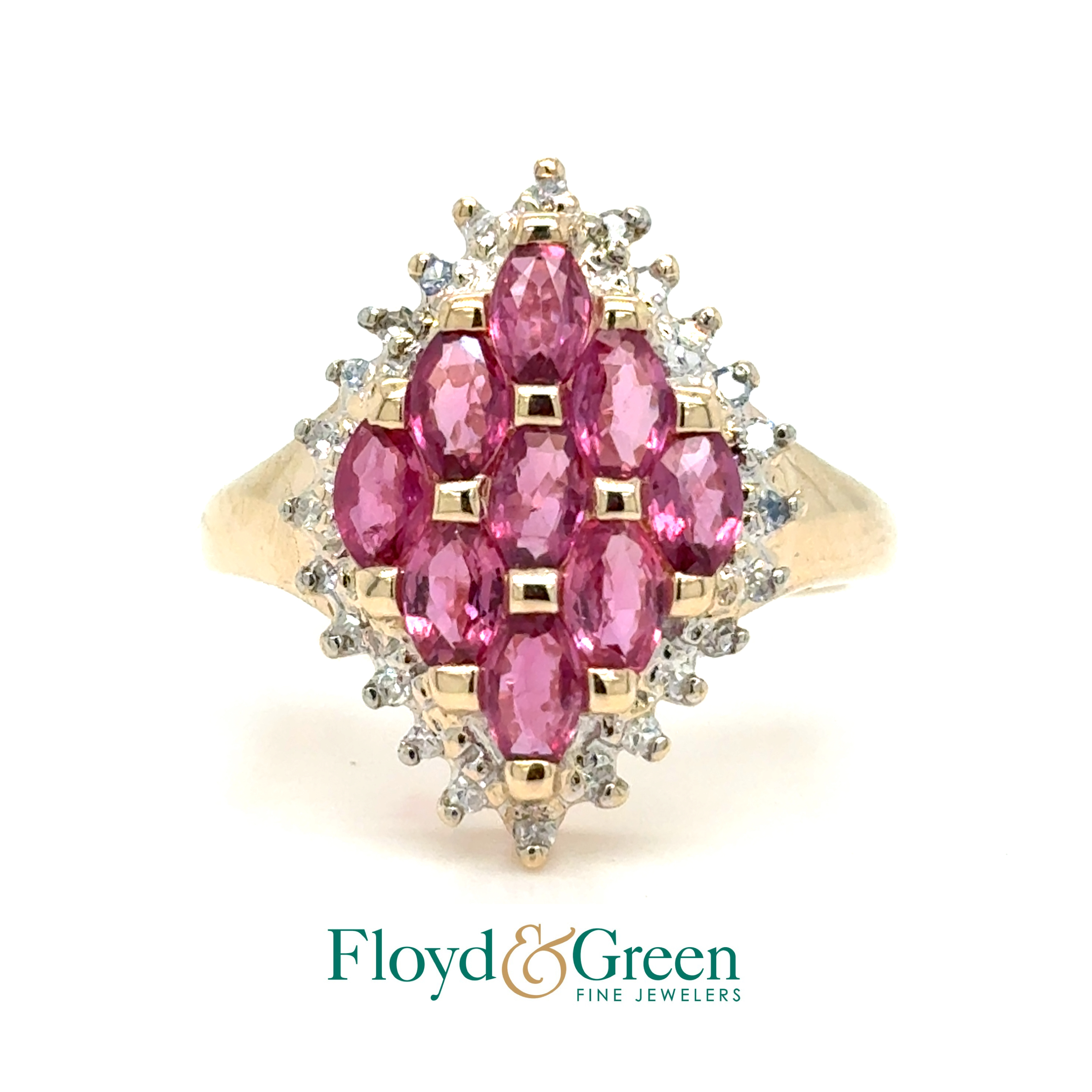 14K Two-Tone Diamond & Sapphire Ring, 24 Single-cut Dia, 0.12ct, J VS2-SI1, 9 Marq Pink Sapphires, Size 6