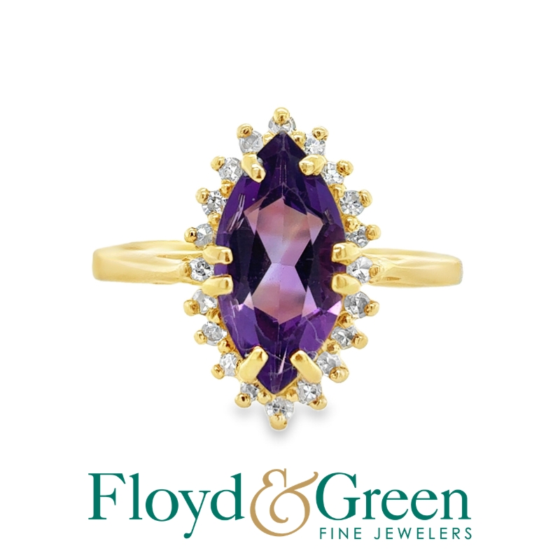 14KY Diamond and Amethyst Ring, 12 Single-cut Diamonds, 0.07ct, J SI1-SI2, Marquise Amethyst, 1.31ct, Size 5
