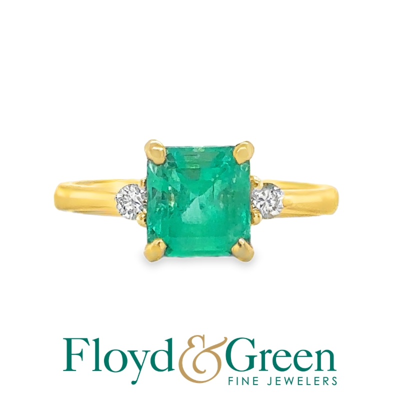 18KY Emerald & Diamond Ring, Square-step Emerald, 1.78ct, Green, 2 Round Diamonds, 0.11ct, J SI2, Size 7
