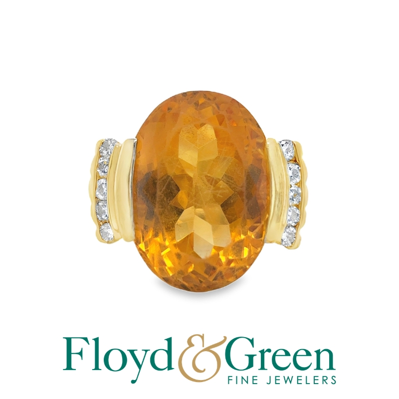 14KY Citrine and Diamond Ring, 1 Oval Citrine, 9.06ct, 12 Round Diamonds, 0.20ct, I SI1, Size 5