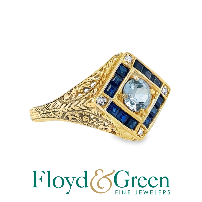 14KY Diamond & Sapphire Ring, 4 Single-cut Diamonds, 0.02ct, H VS2, 1 Rd Sapphire, 0.64ct, Slightly Grayish, 12 Sq Sapphires, 0.51ct, Size 7