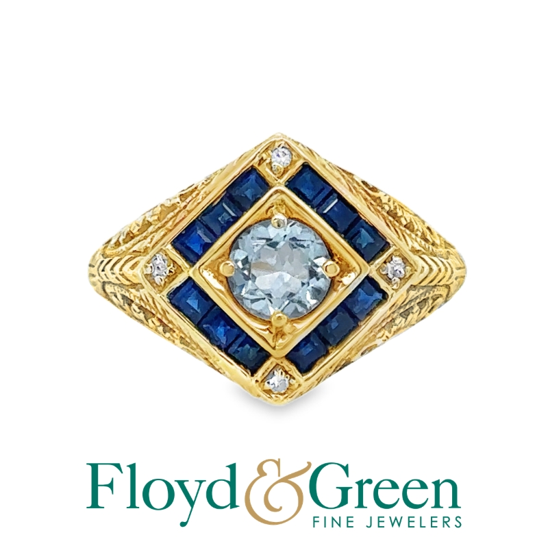 14KY Diamond & Sapphire Ring, 4 Single-cut Diamonds, 0.02ct, H VS2, 1 Rd Sapphire, 0.64ct, Slightly Grayish, 12 Sq Sapphires, 0.51ct, Size 7