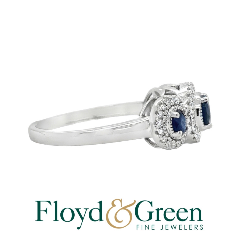 Sapphire & Diamond Halo Three-Stone Ring