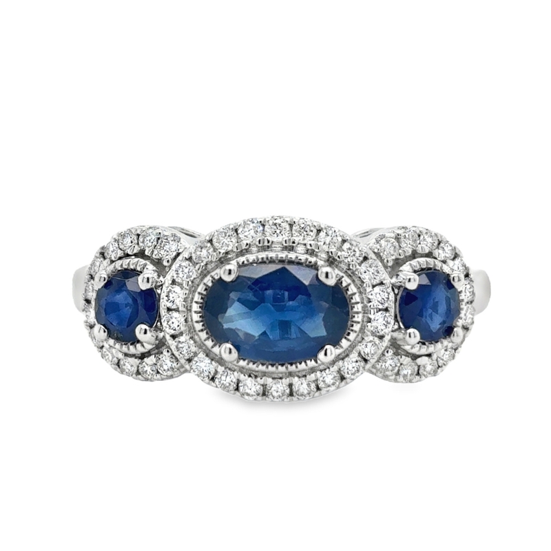 Sapphire & Diamond Halo Three-Stone Ring