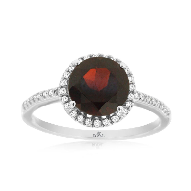 14KW Round Garnet 2.4ct and Diamond Halo 0.16ct Ring size 7