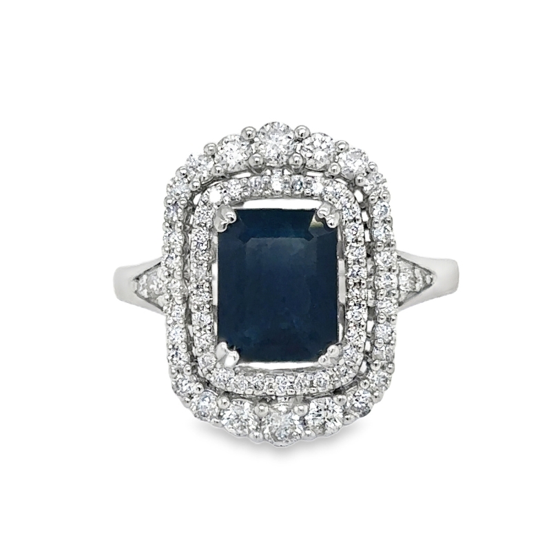 14KW Emerald Sapphire 2.3ct and Diamond Halo 0.75ct Ring size 7