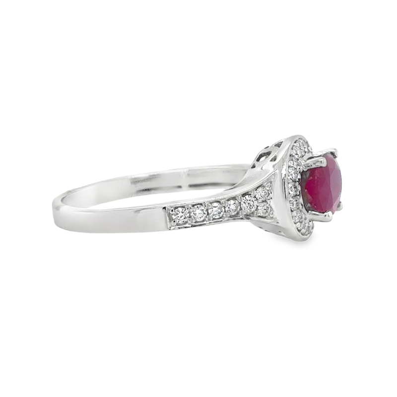 14KW Oval Ruby 0.9ct and Diamond Halo 0.43ct Ring Size 7