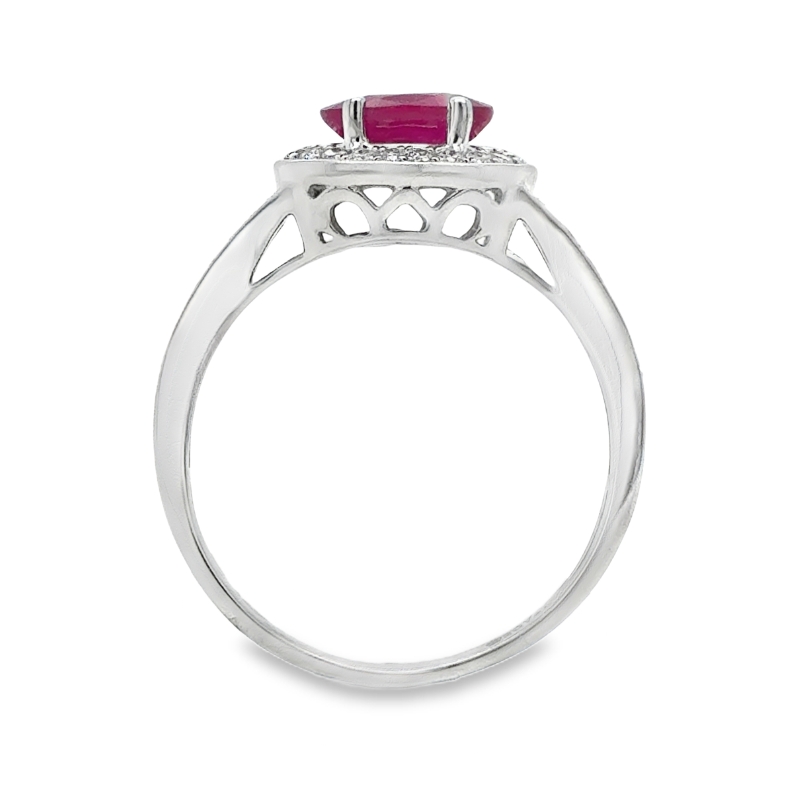 14KW Oval Ruby 0.9ct and Diamond Halo 0.43ct Ring Size 7