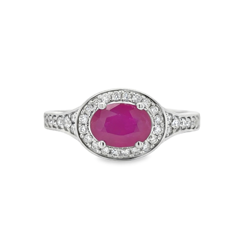 14KW Oval Ruby 0.9ct and Diamond Halo 0.43ct Ring Size 7