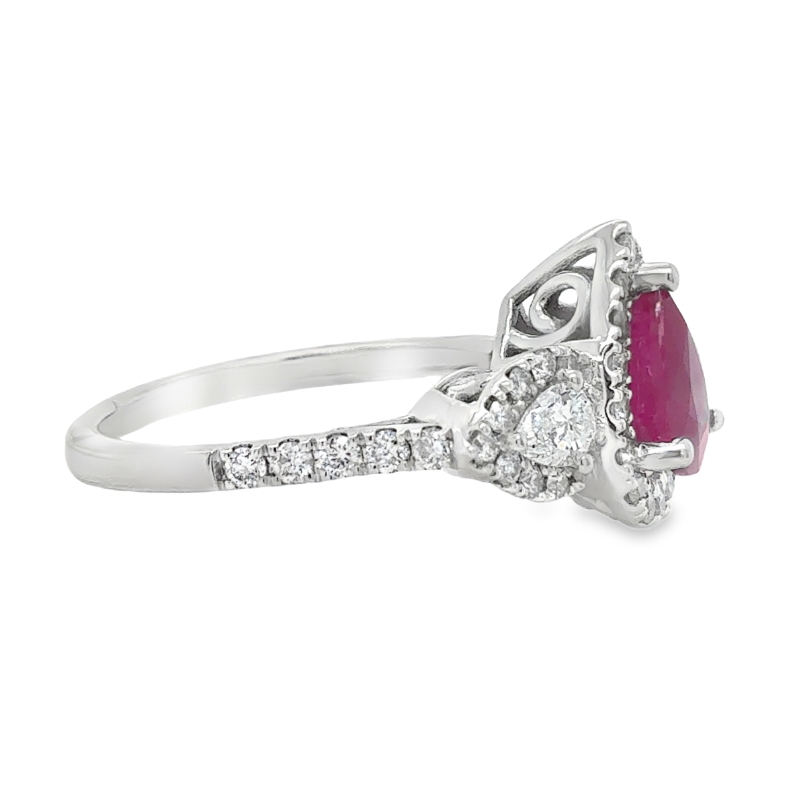 14KW 3-Stone Halo Pear Ruby 1.12ct and Diamond 1ct Ring Size 7