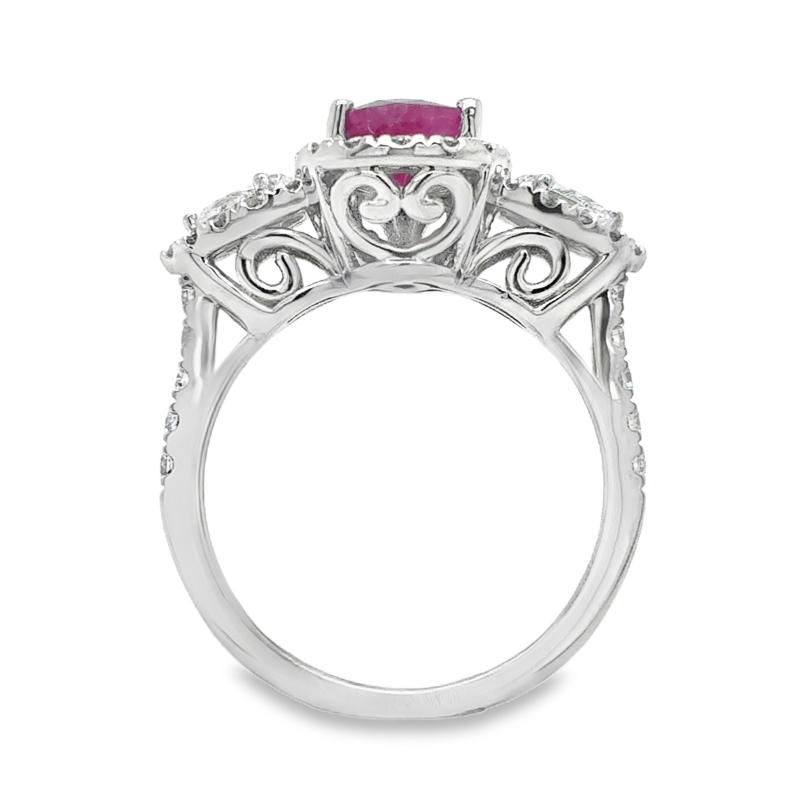 14KW 3-Stone Halo Pear Ruby 1.12ct and Diamond 1ct Ring Size 7