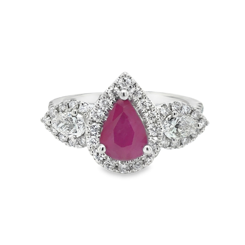 14KW 3-Stone Halo Pear Ruby 1.12ct and Diamond 1ct Ring Size 7