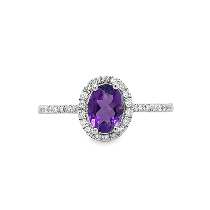 14KW Oval Amethyst 0.7ct and Diamond Halo 0.17ct Ring Size 7