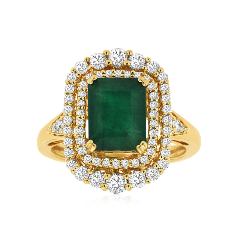 14KY Em Emerald 2.15ct and Diamond Double Halo 0.75ct Ring Size 7