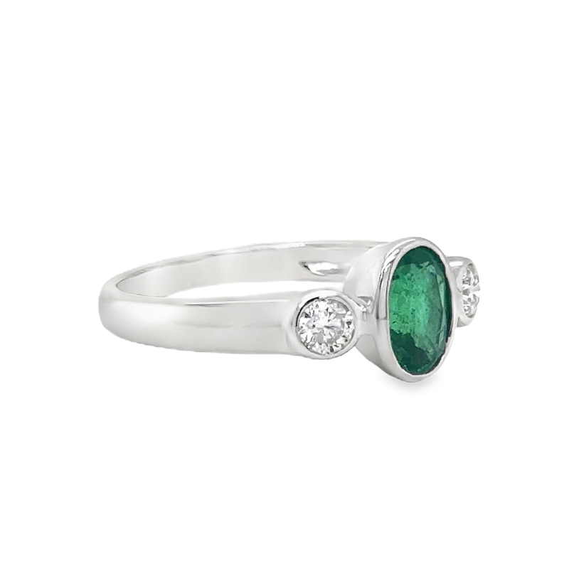 Bezel-Set Emerald and Diamond 3 Stone Ring