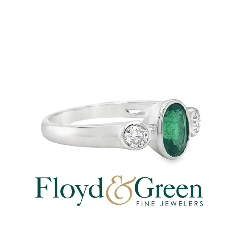 Bezel-Set Emerald and Diamond 3 Stone Ring