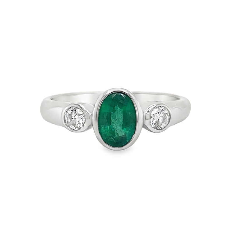 Bezel-Set Emerald and Diamond 3 Stone Ring