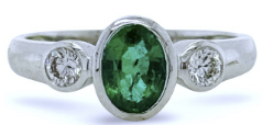 Bezel Set Emerald and Diamond 3 Stone Ring