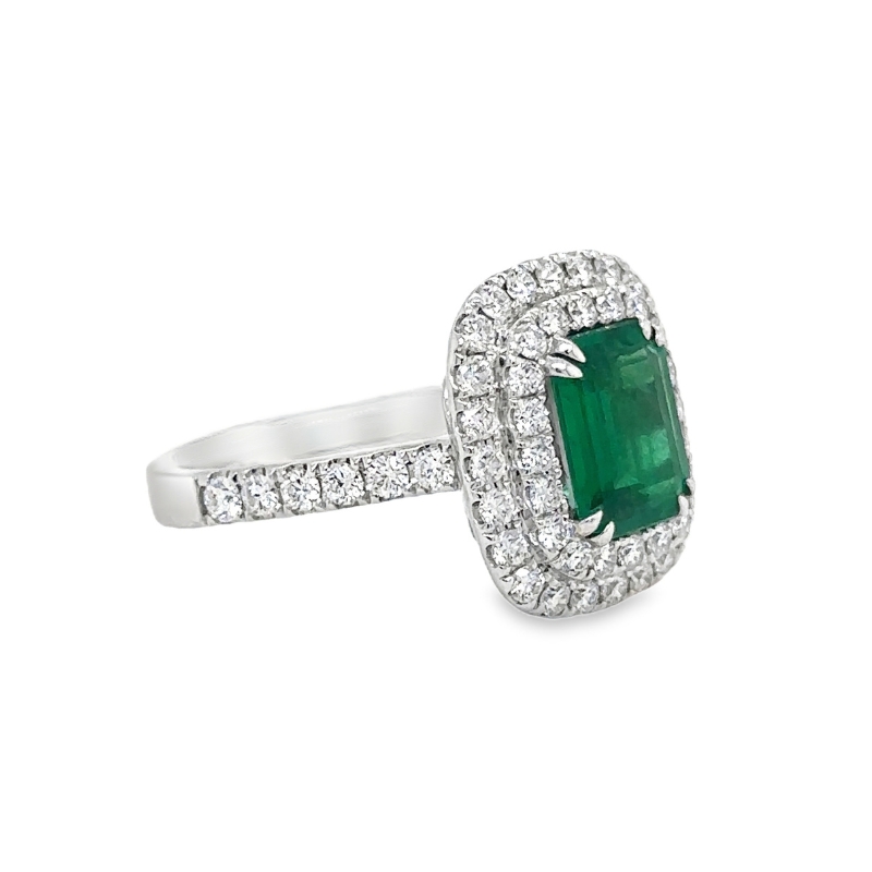Double Halo Diamond and Emerald Ring
